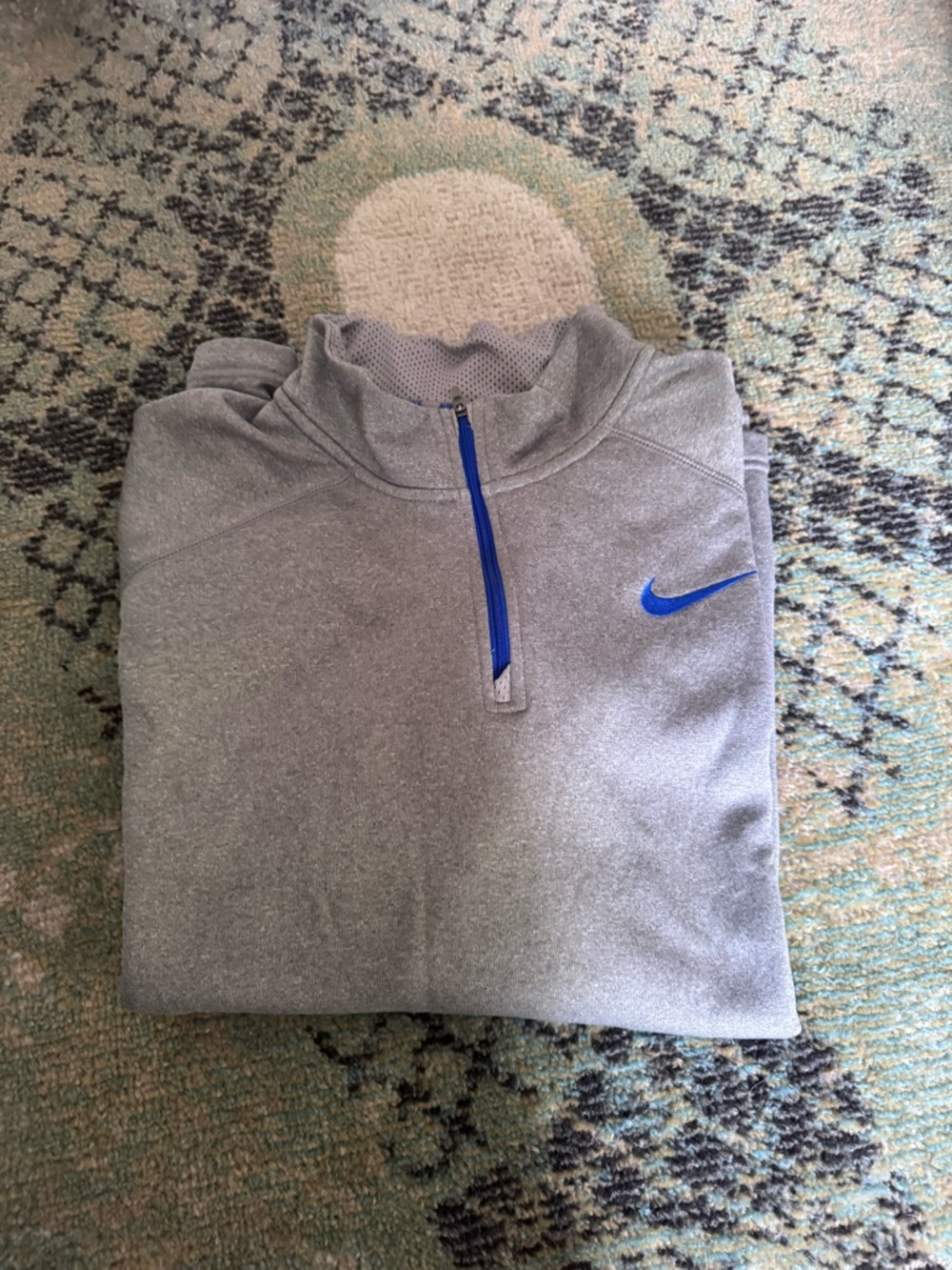 Nike Men’s Gray Quarter-Zip Sweater with Blue Swoosh
